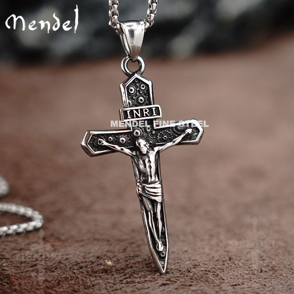 MENDEL Mens Stainless Catholic Jesus Christ Face Crucifix Cross Pendant Necklace