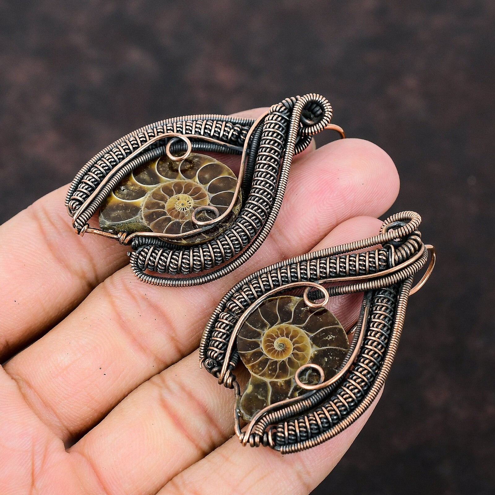 Ammonite Fossil Wire Wrapped Drop/Dangle Earrings Copper Jewelry For Girls 2.28″