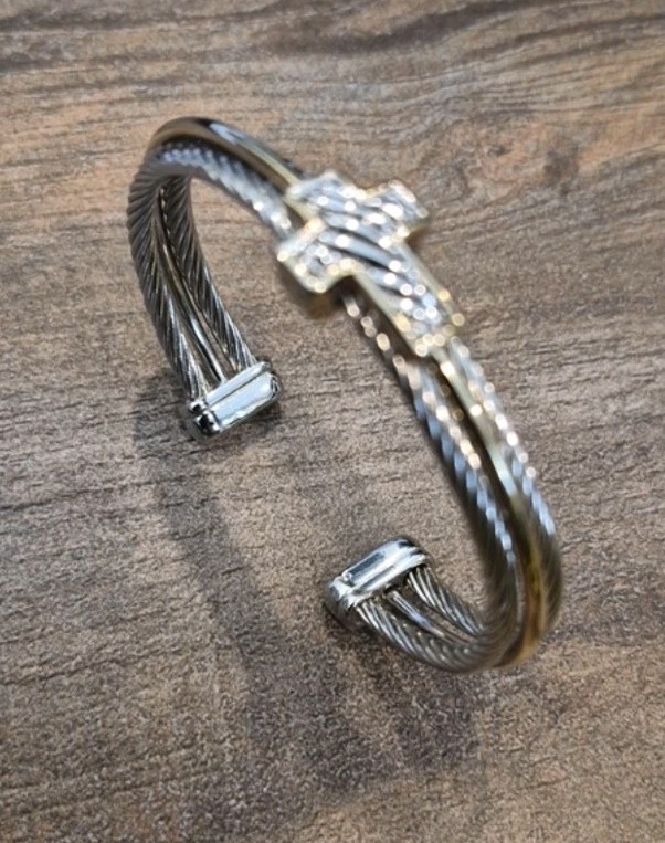 Non-Magnetic Silver & Gold Tone Twisted Metal Cross Detail Cuff Bracelet