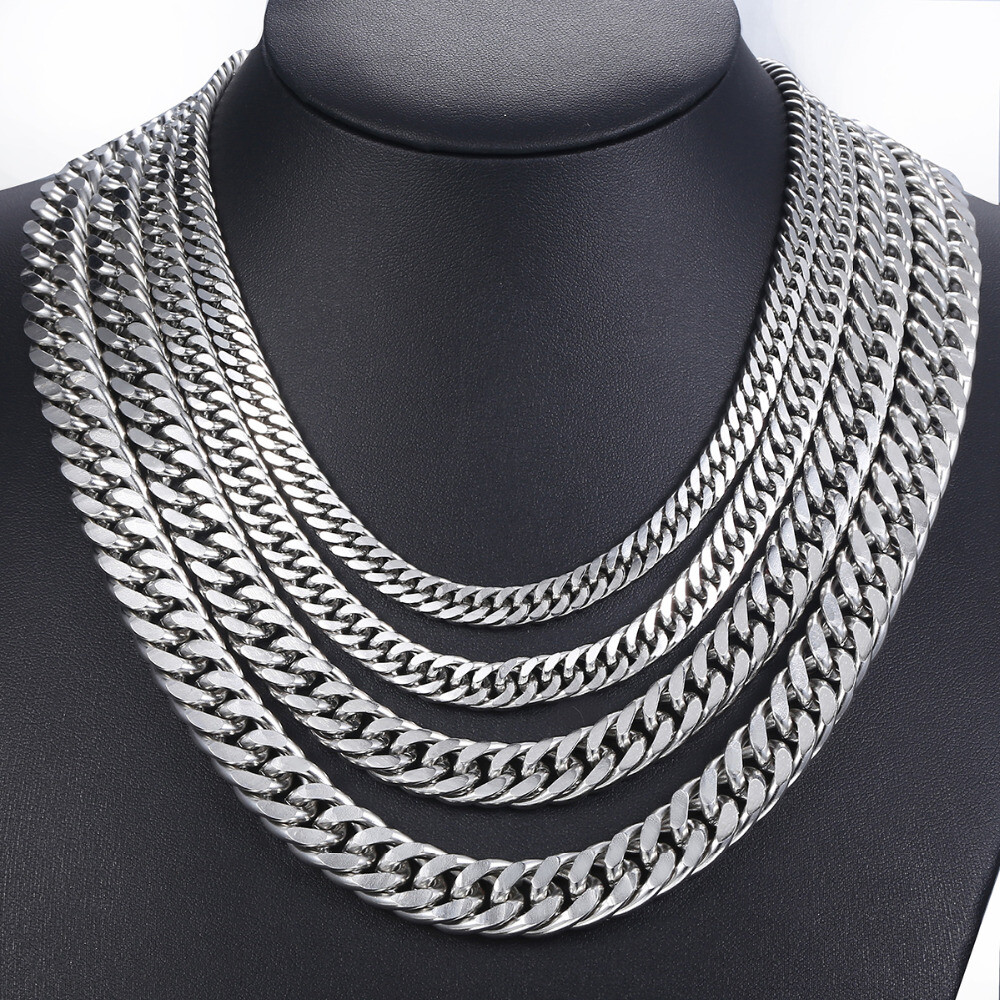 8-18mm Mens Stainless Steel Necklace Silver Color Curb Cuban Link Chain Necklace