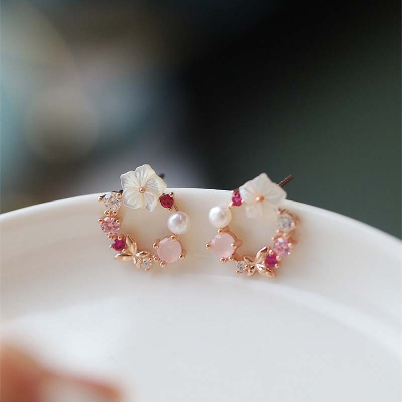 Y2k Pink Crystal Circle Flower Pearl Dainty Minimalist Women Stud Earrings