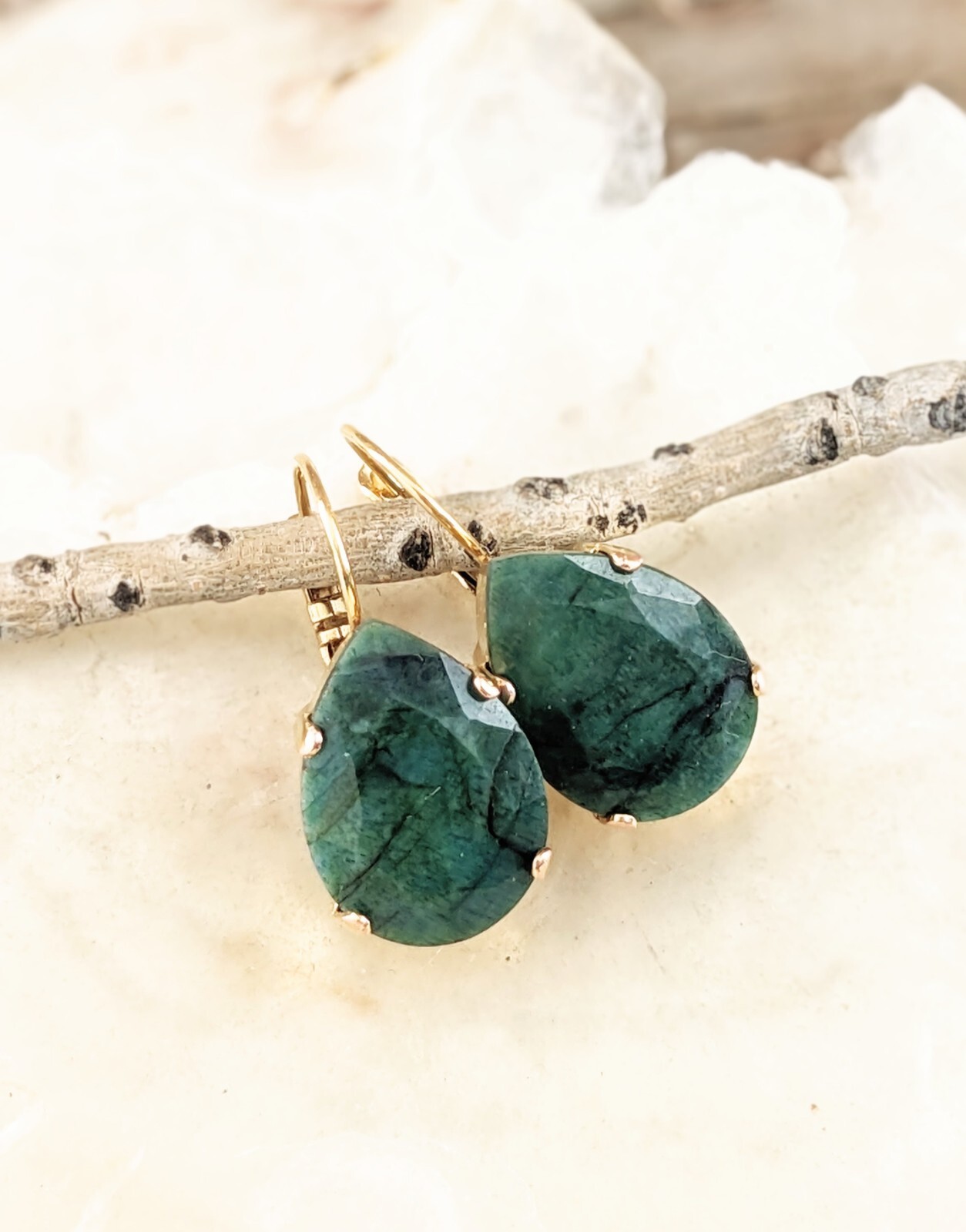 29.0 Total Carats Natural Emerald Rough Cut In Drop 18k Gold Plated Earrings