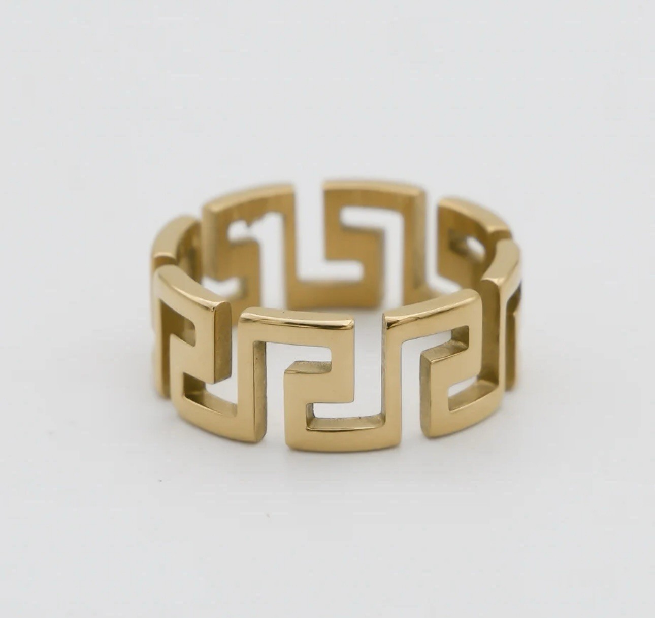 NIB Versace Greca Logo Gold Cut Out Wide Band Ring Sz 13 IT $350.