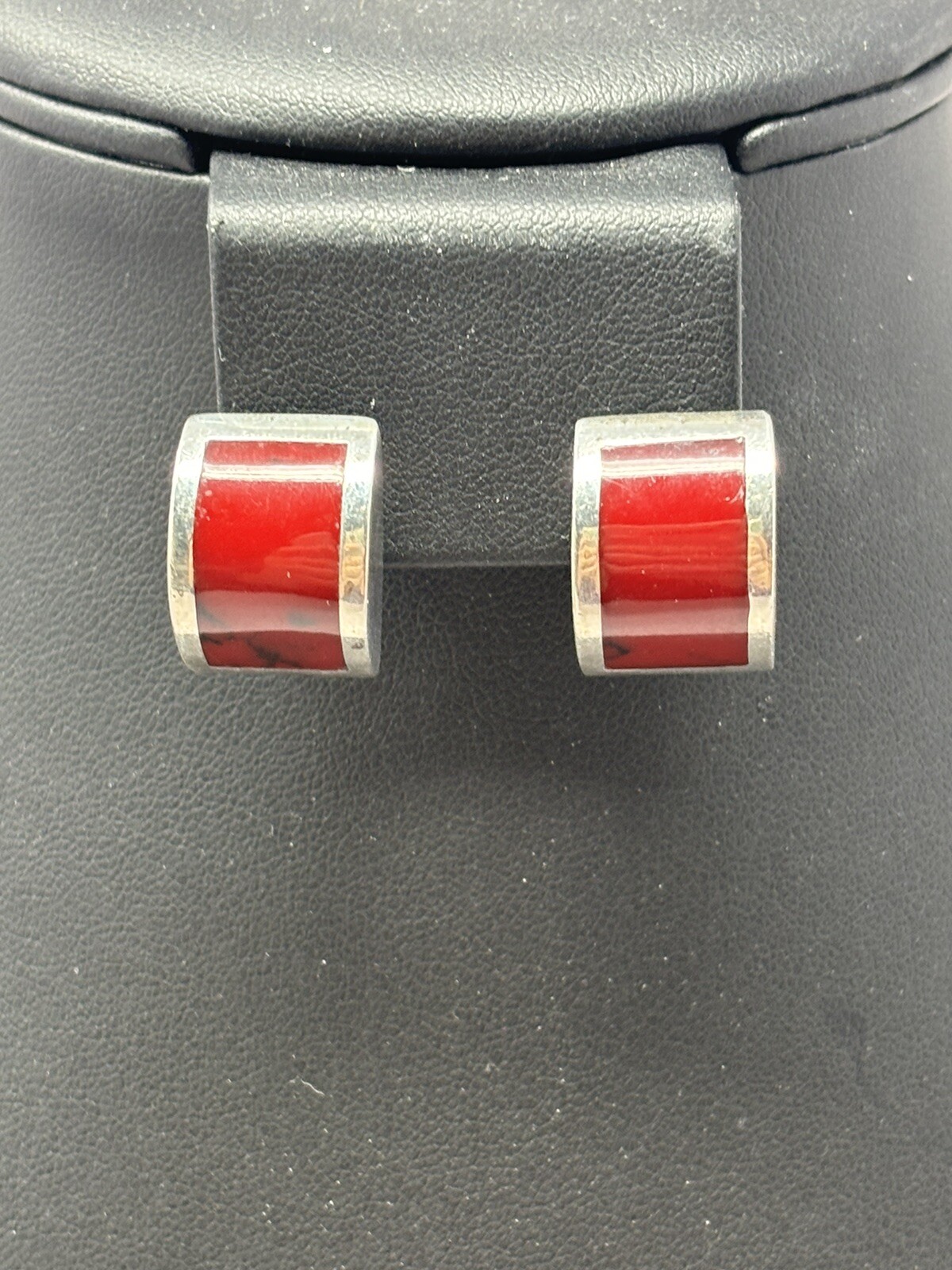 Sterling Silver 925 Red Jasper Inlay Black Veined Dome Post Back Earrings