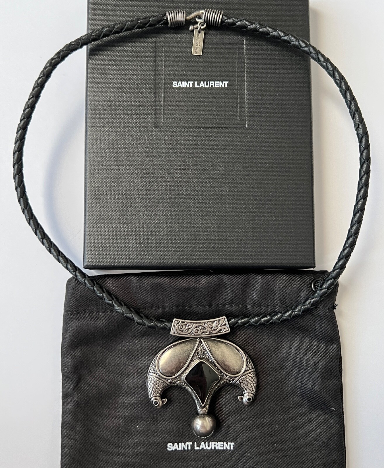 NIB Saint Laurent YSL Victorian Moon Black Braid Leather Pendant Necklace $1295