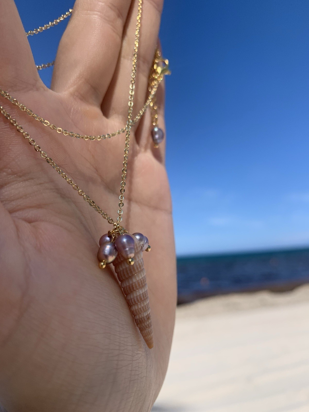 14k Gold Tone Cable Chain Necklace w/ Cone Shell Charm Pendant, Purple Pearl