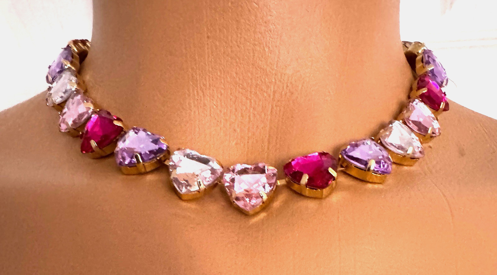 Multicolor Crystal Heart chain Choker Statement Gold-Tone Necklace 15″ Women