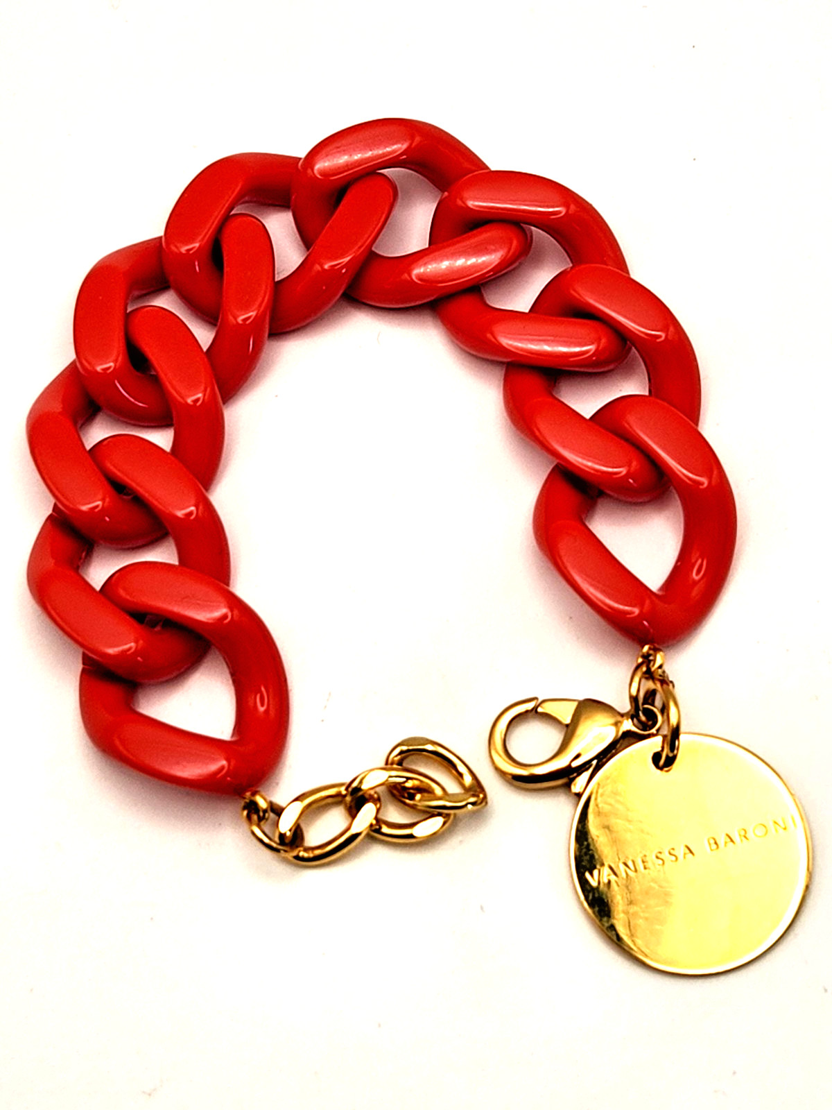 Vanessa Baroni Italy Coral Red Resin Chunky Curb Link Gold Chain Charm Bracelet