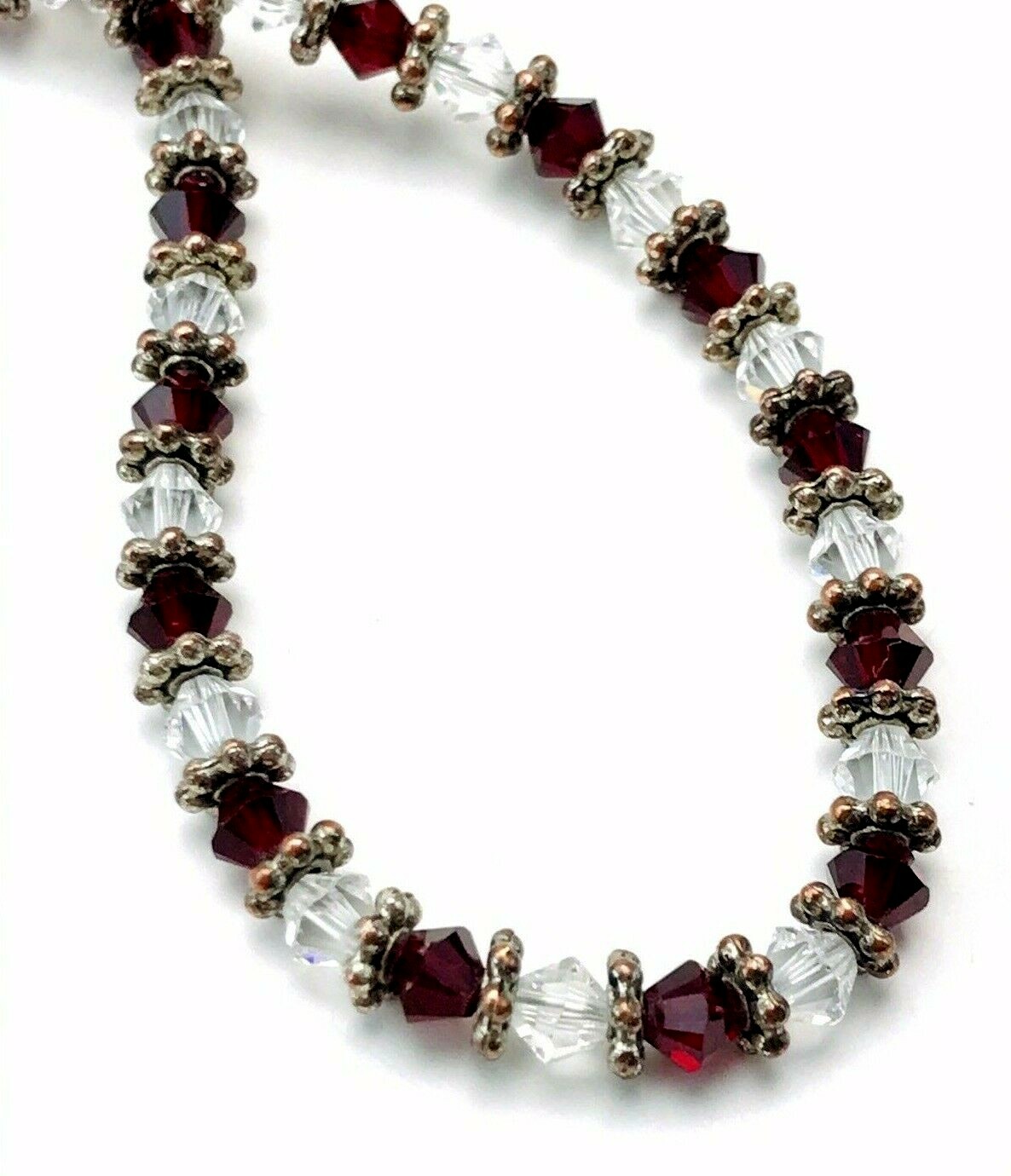 Sterling Silver Red Clear Glass Bicone Bead Bracelet 7.25″