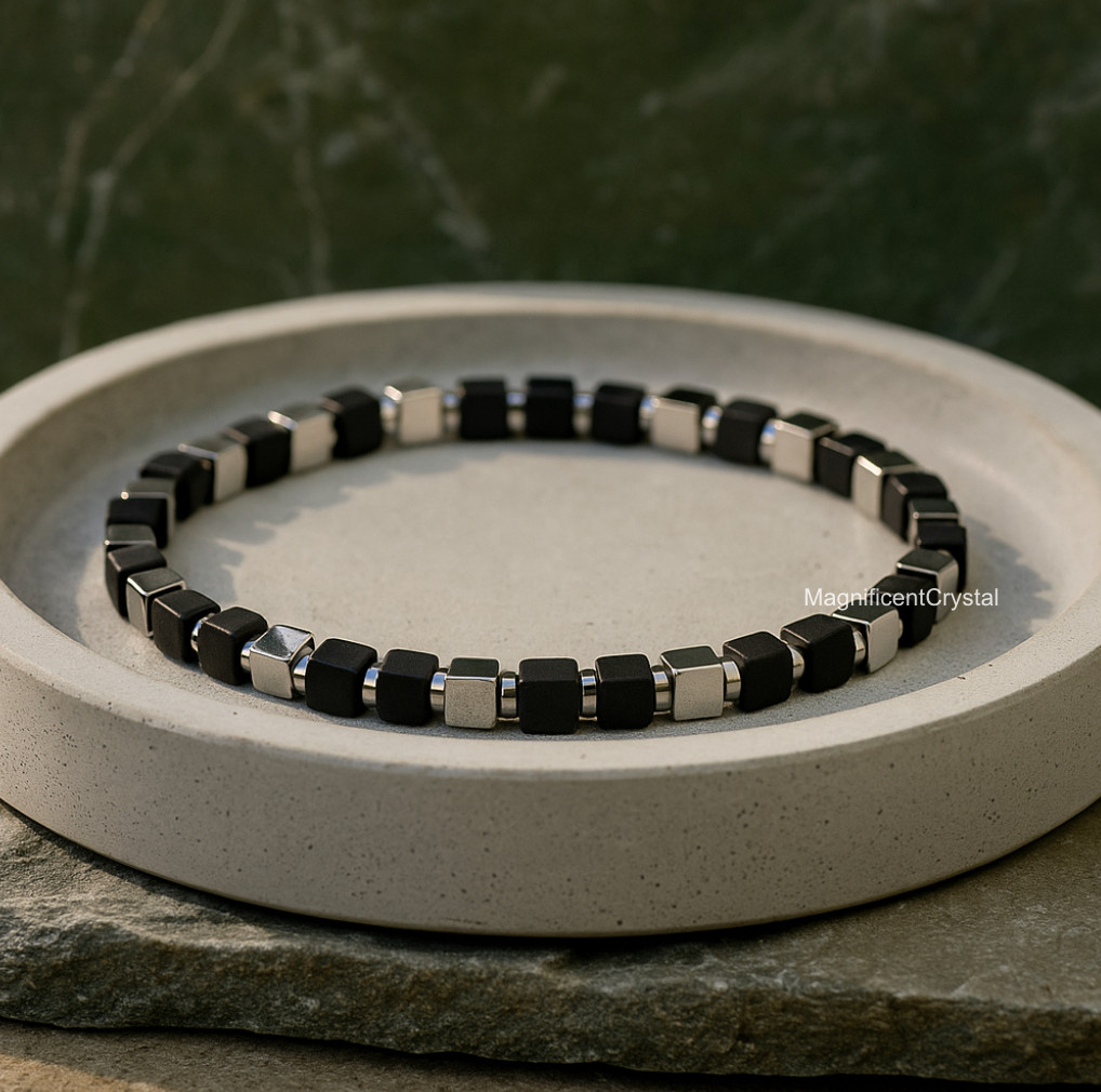Men’s Black Tourmaline Hematite Square Bead Bracelet Stretch Jewelry Gift