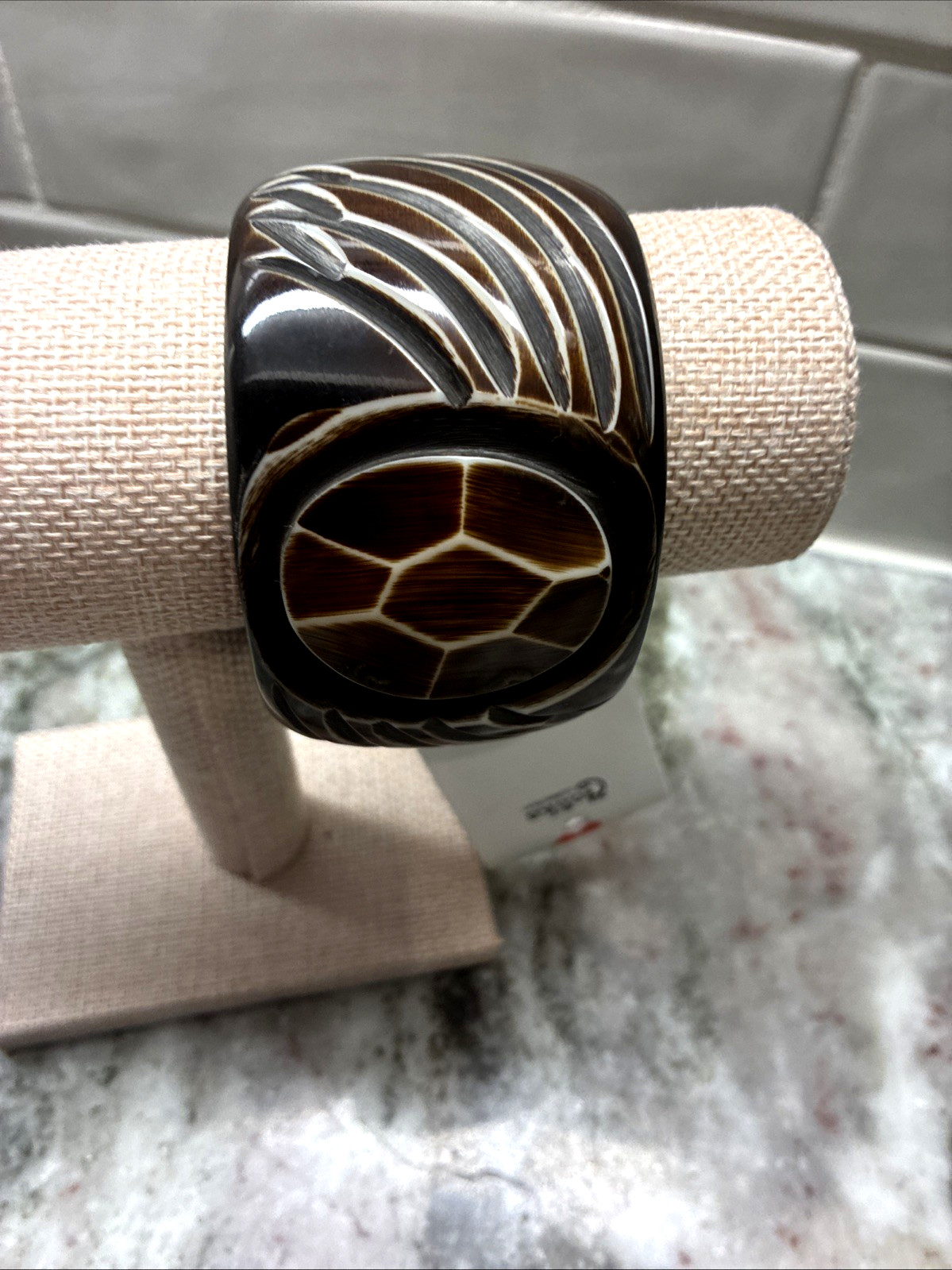 Antika Gorgeous Acrylic Carved Tortoise Shell Medallion Bangle Bracelet 9”
