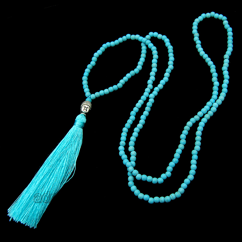 Howlite Turquoise Beads Buddha Head Charm Tassel Necklace