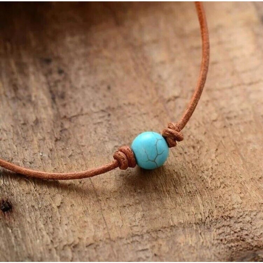Natural Turquoise Necklace Round Bead Leather Healing Spiritual Choker Xmas Gift