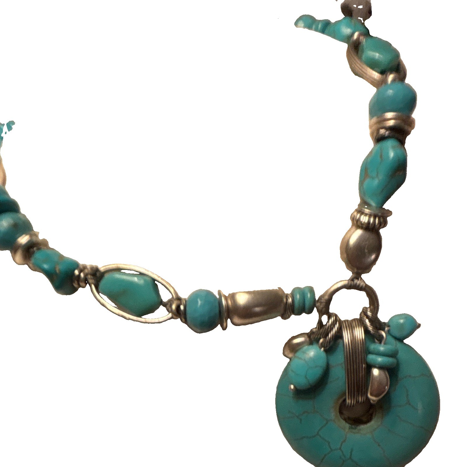 Chico’s Turquoise Beaded Necklace w/ Round Pendant, Silver, Adj. Lobster clasp.