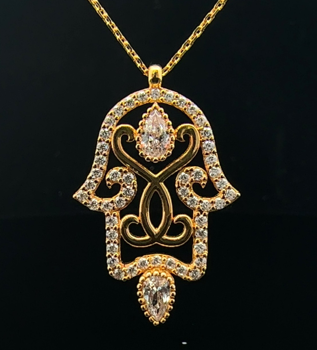 18KT Yellow Gold Necklace with Hamsa Hand Pendant CZs 18in 4.9g