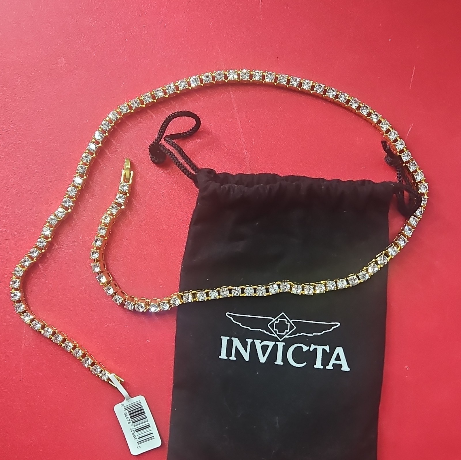 Invicta Yellow Gold Plated Tennis Necklace w/ Simulated White Crystal, Box