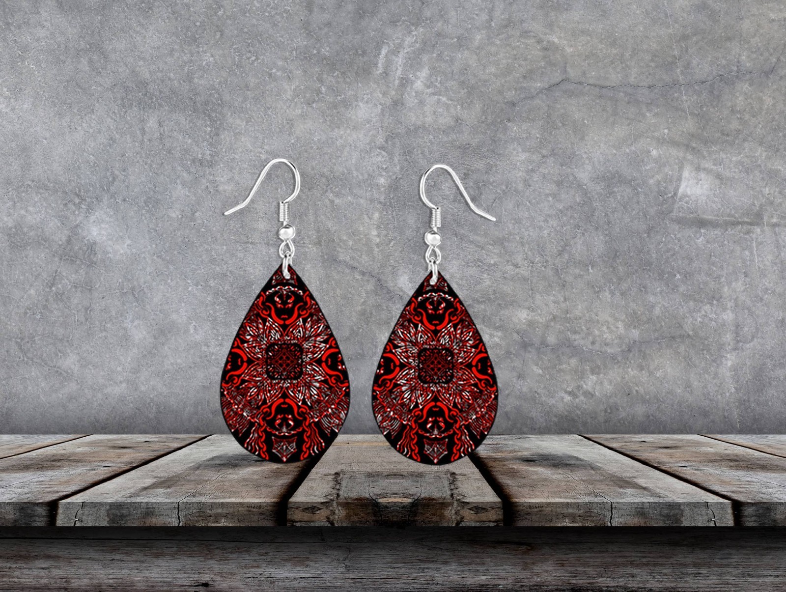 Red Black Mandala Teardrop Dangle Earrings Gothic Sublimated Jewelry