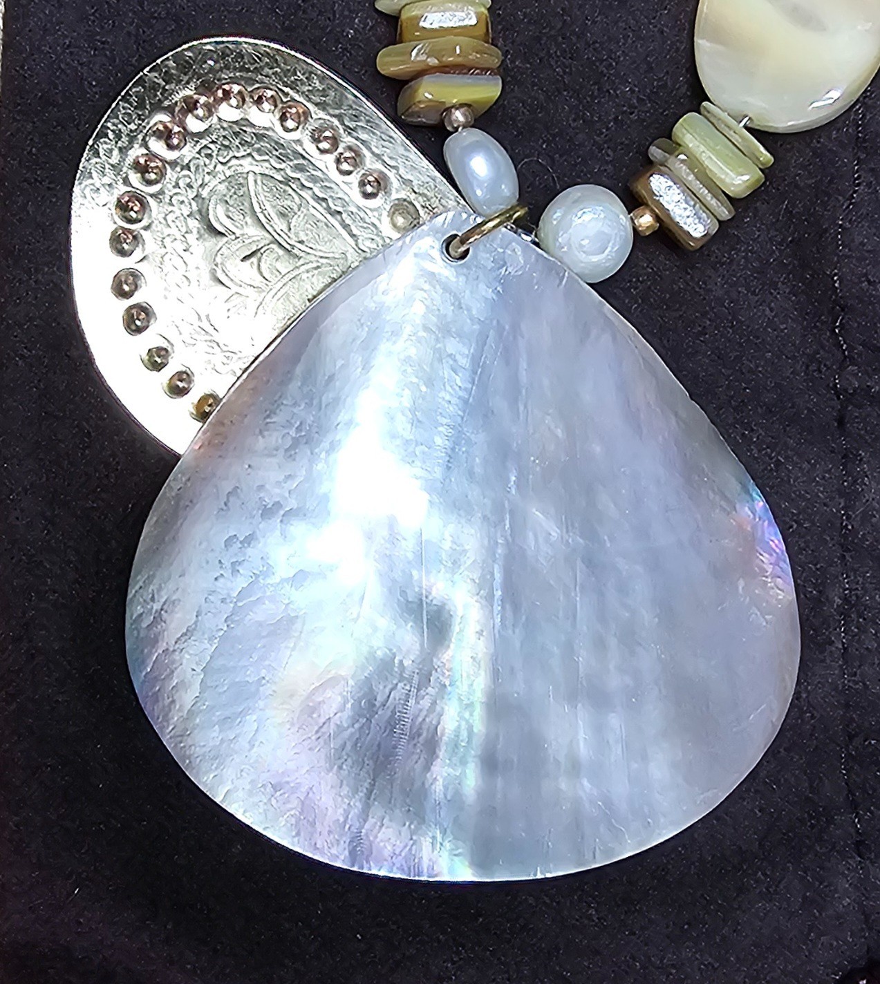 2 Large Mother of Pearl Seashell Necklaces w/Carved, Gilded & Stamped Components
