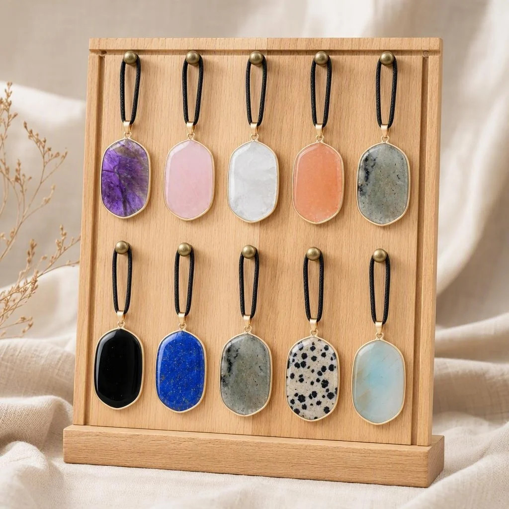 6PCS Healing Chakra Gemstone Pendant Necklace Black Cord Gold Charms Choker