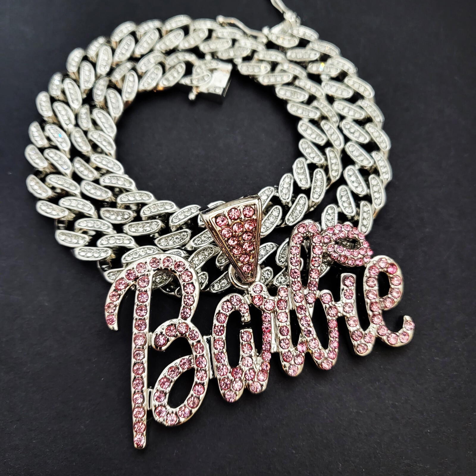 Women Silver Plated Pink Barbie Charm & Iced Cubic Zirconia Cuban Chain Necklace