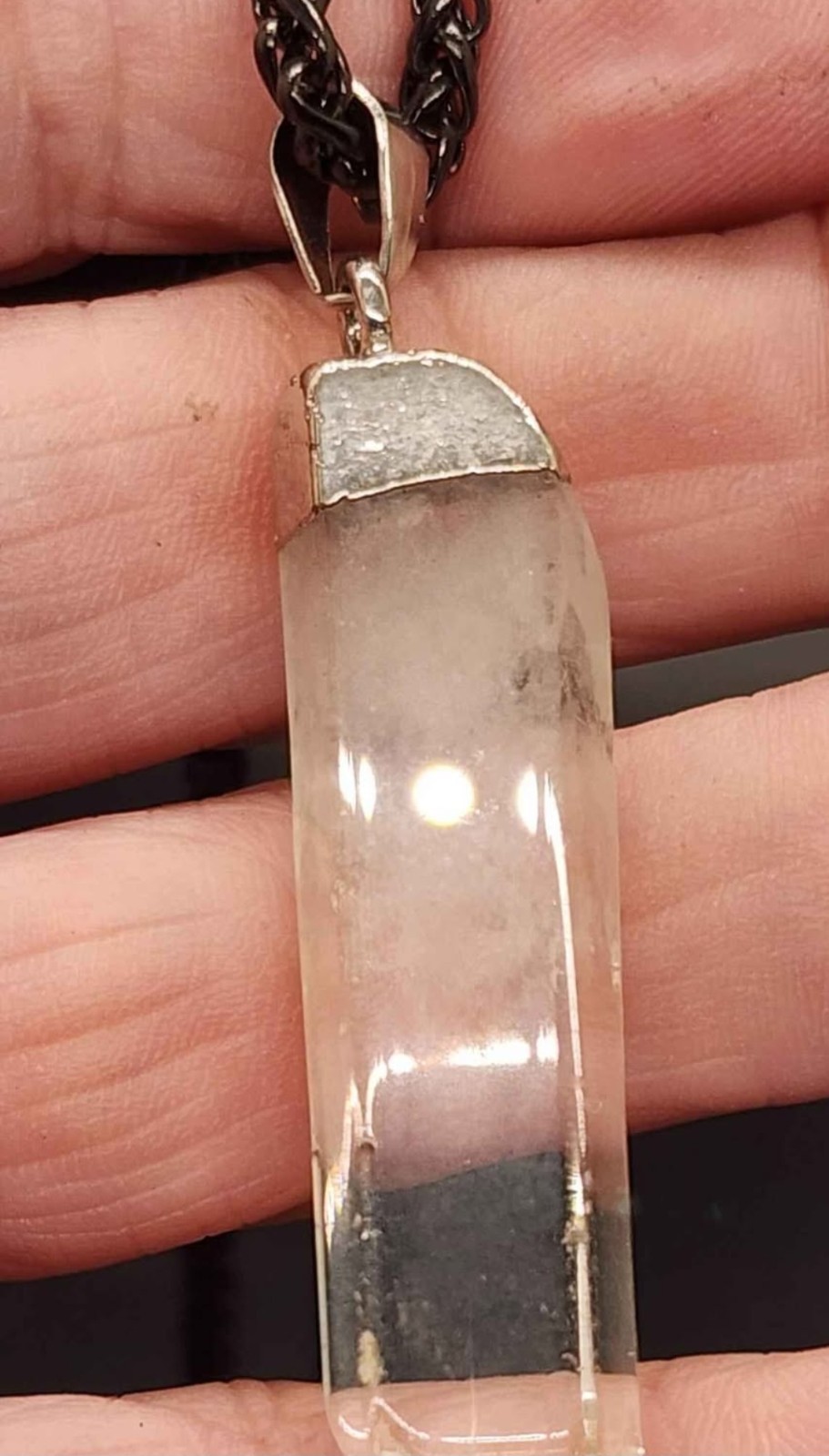 Clear Crystal Hexagon Point Pendant Necklace Black Rope Chain Silver Cap Setting