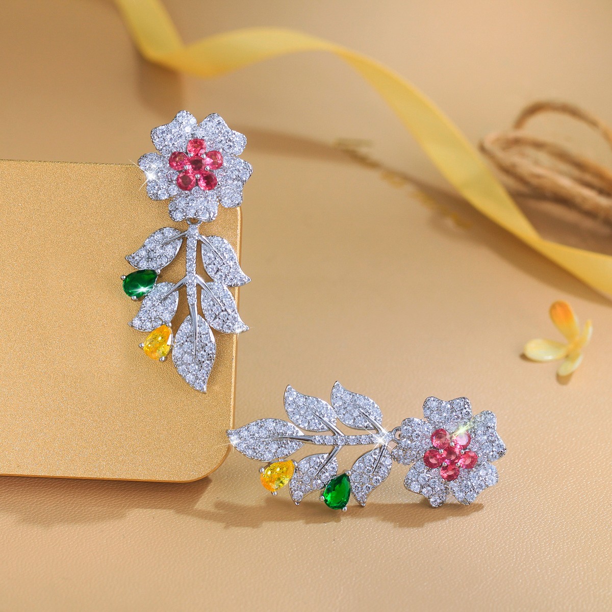 Exquisite Silver Plated Cubic Zirconia Flower Leaf Drop Earrings Wedding Jewelry
