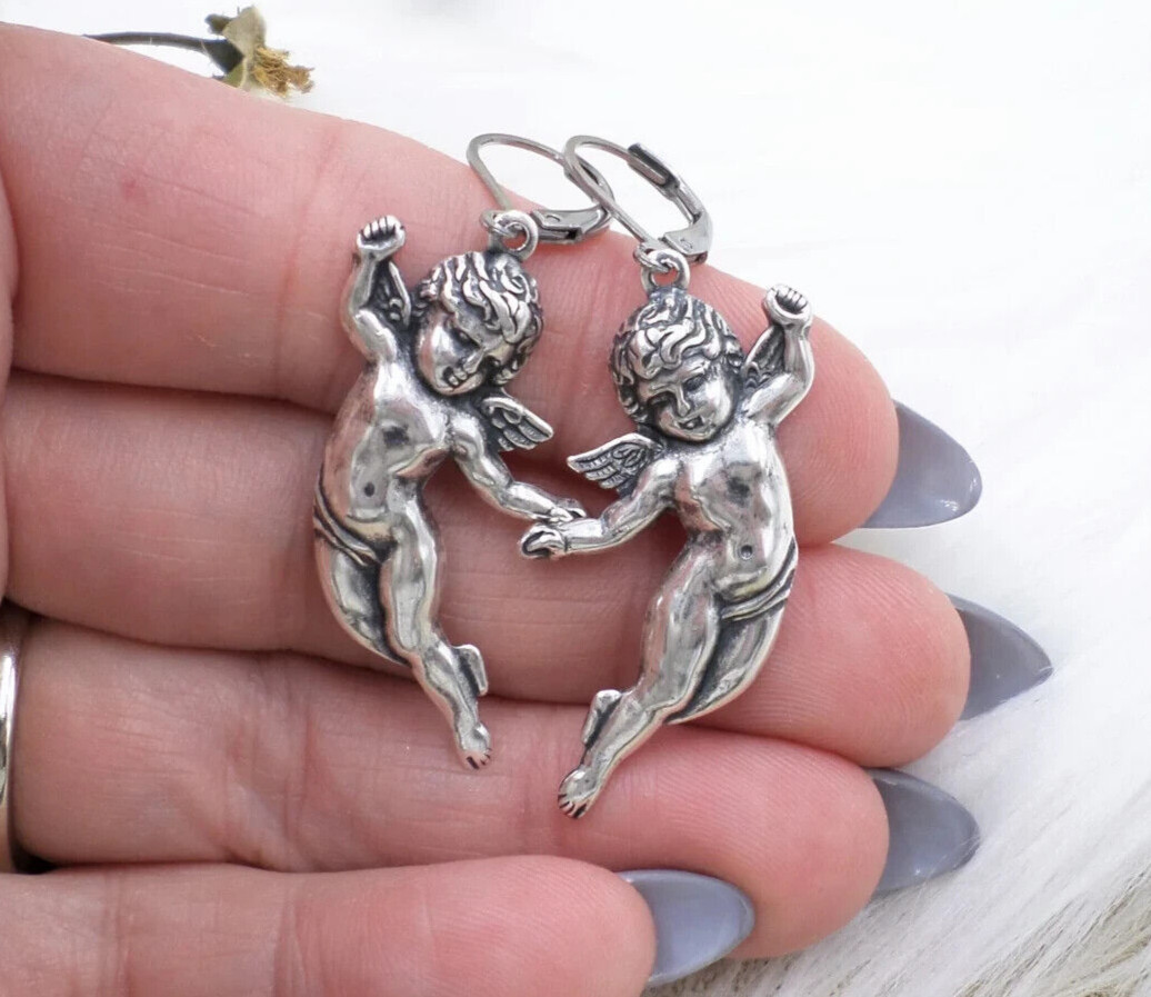 Sterling Silver Plated Cherub Cupid Dangle Earrings, Guardian Angel Jewelry
