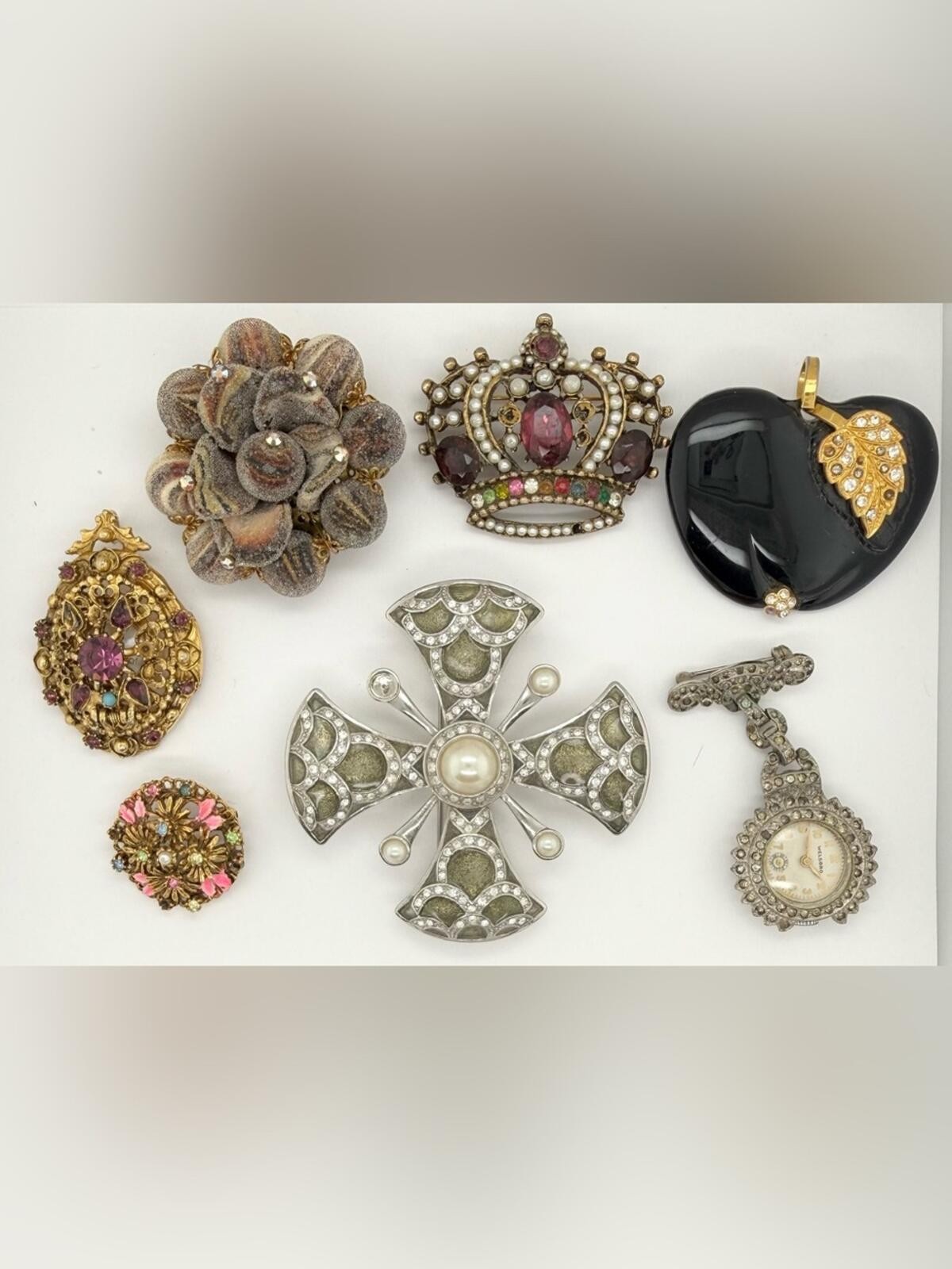 Vintage Estate Mix lot Brooch Pin Crown Watch Rhinestone Signed hobby damaged