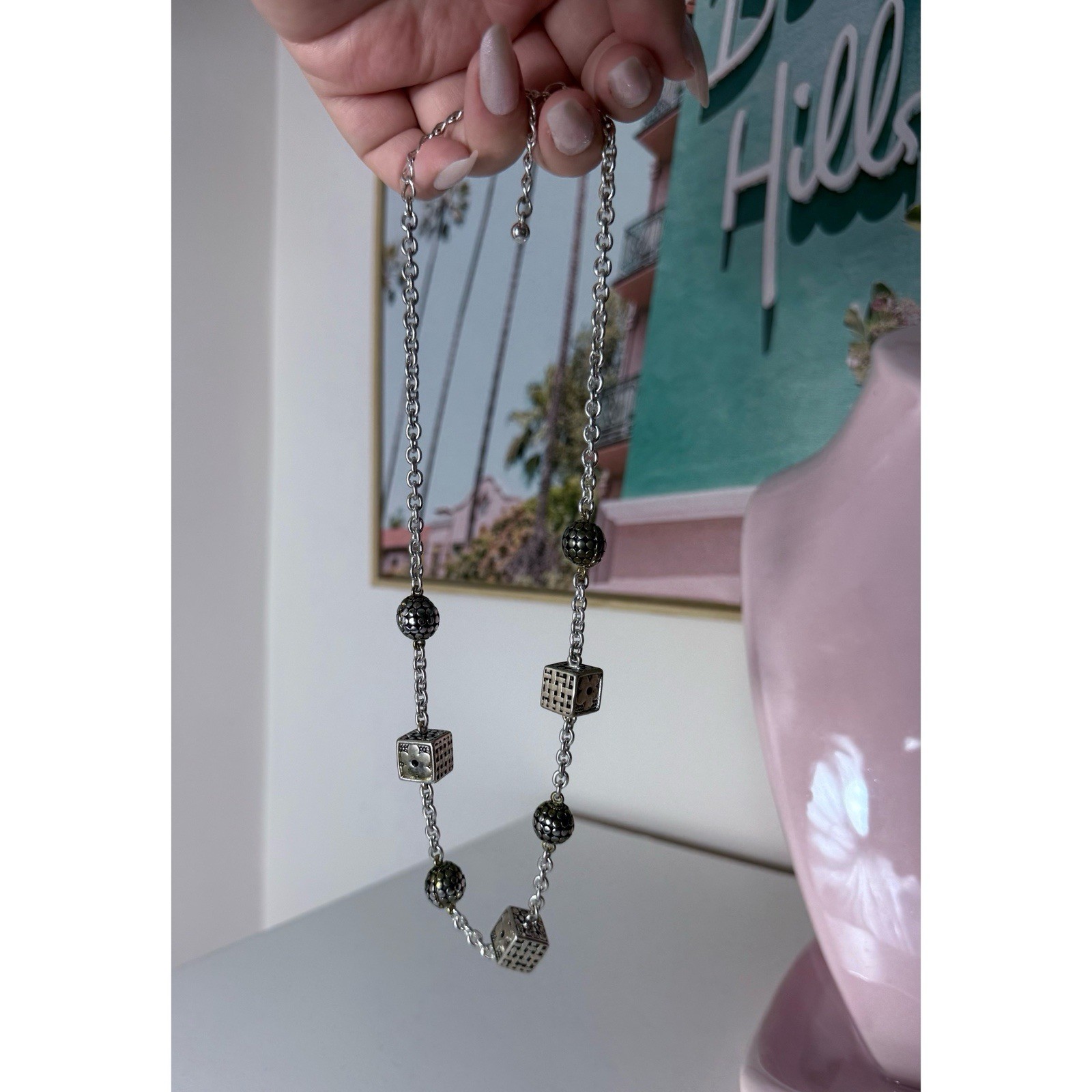 Vintage Silver Geometric Textured Cube & Sphere Bead Charm Necklace 10″ Long