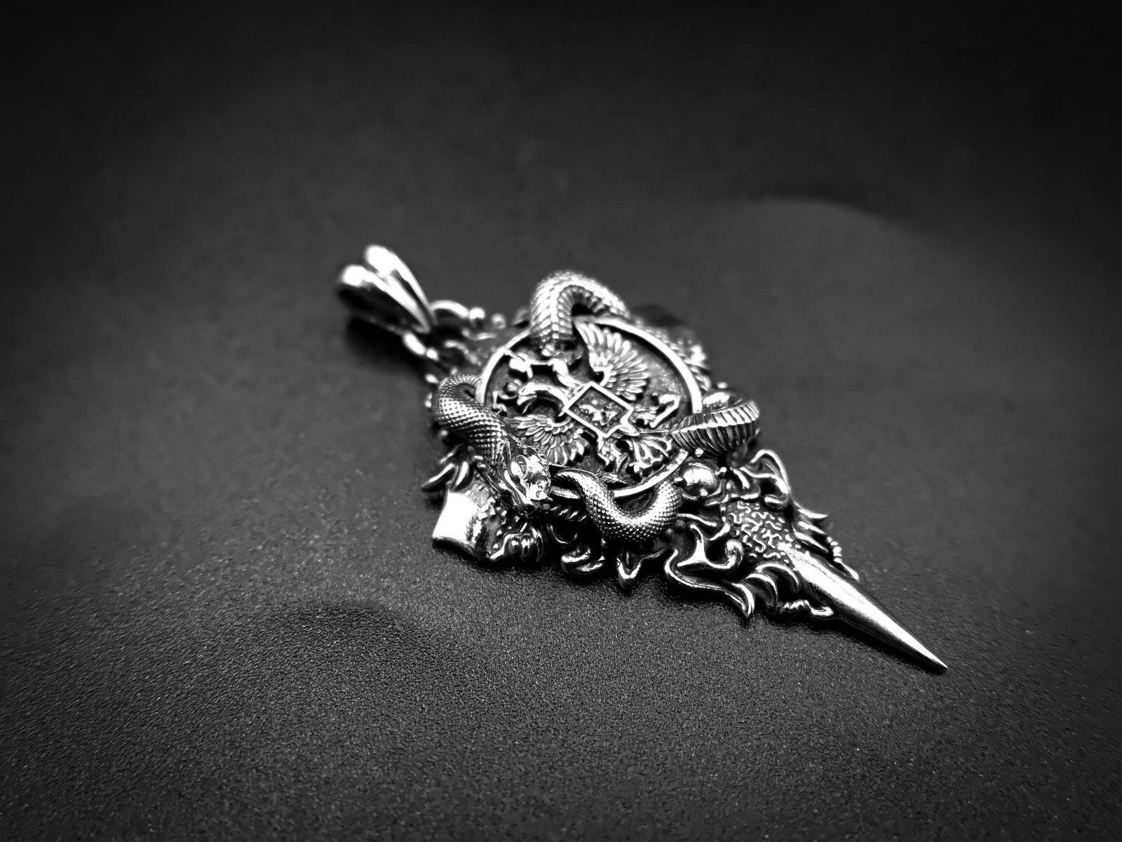 925 Sterling Silver Double Headed Eagle Pendant with Snake Coat Of Arms Jewelry