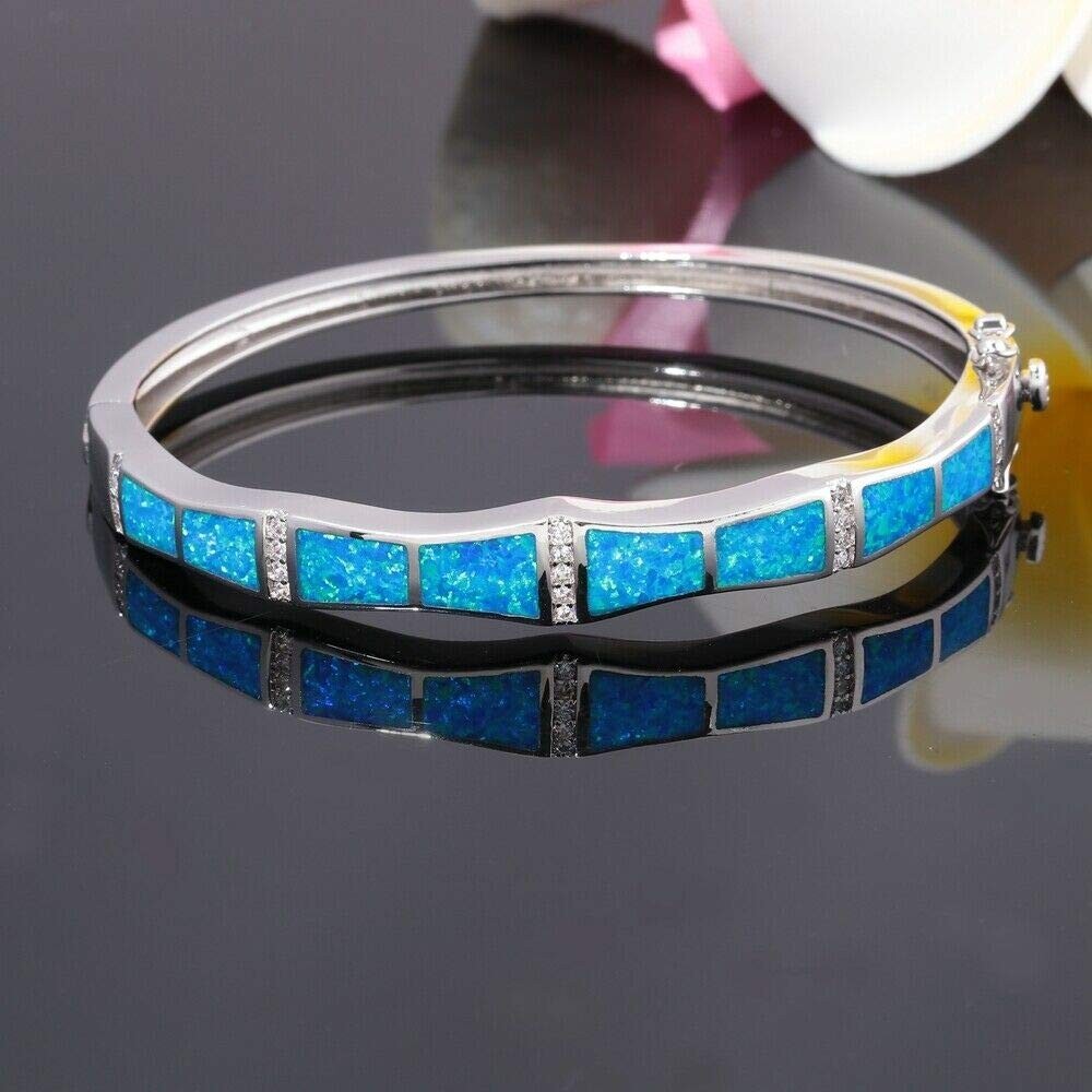 Hawaii Blue Opal Bar Cuff Bangles 925 Sterling Sliver Jewelry For Women Girls