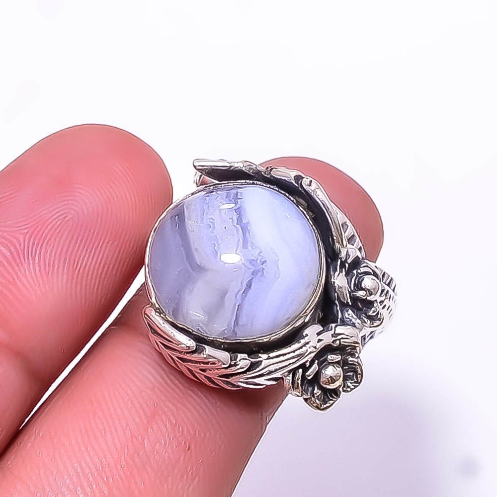 Natural Blue Lace Agate -Namibia Gemstone 925 Sterling Silver Ring s.6.5 R16