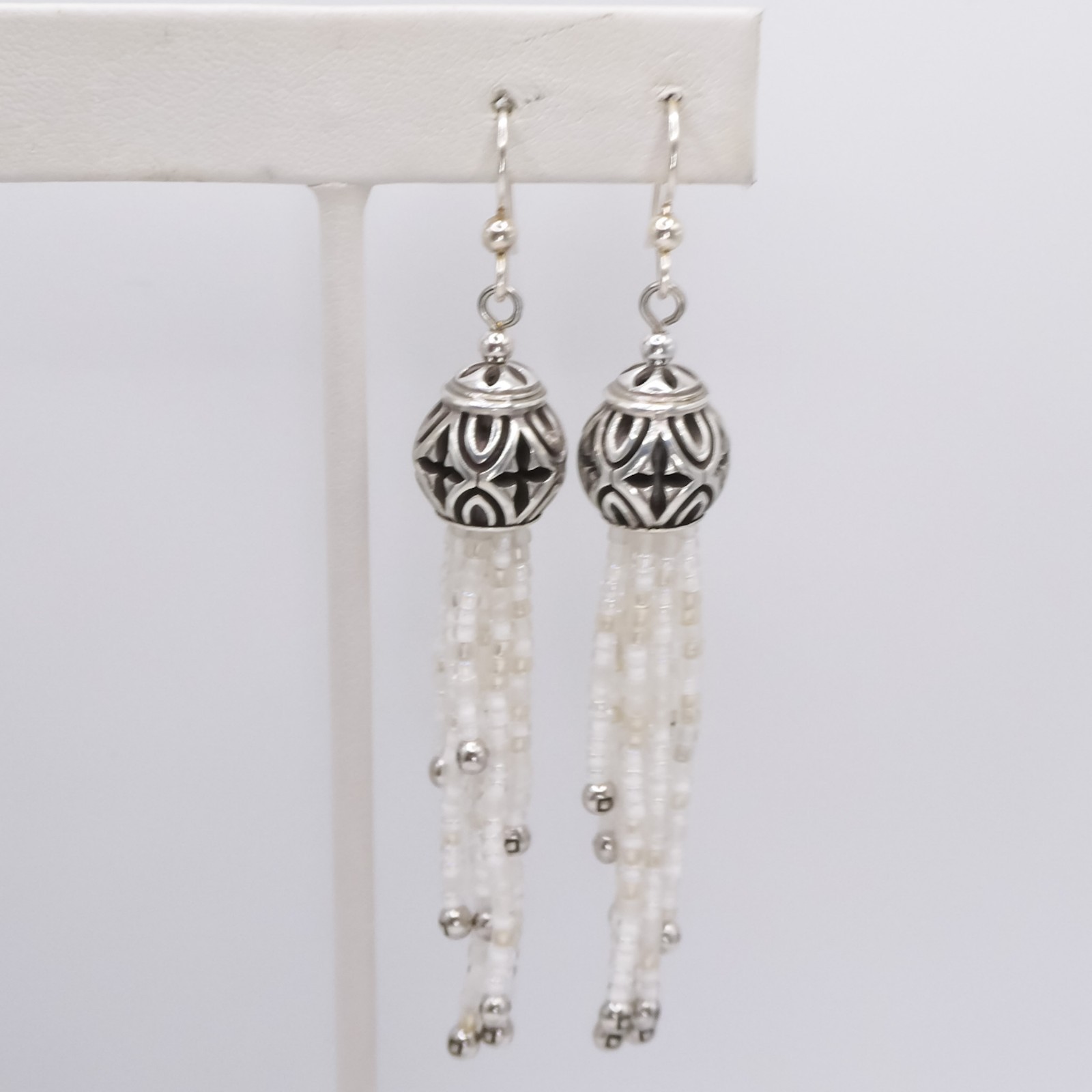 Brighton Boho Roots White Beaded Tassle 3.3″ Womens French Wire Pierced Earrings
