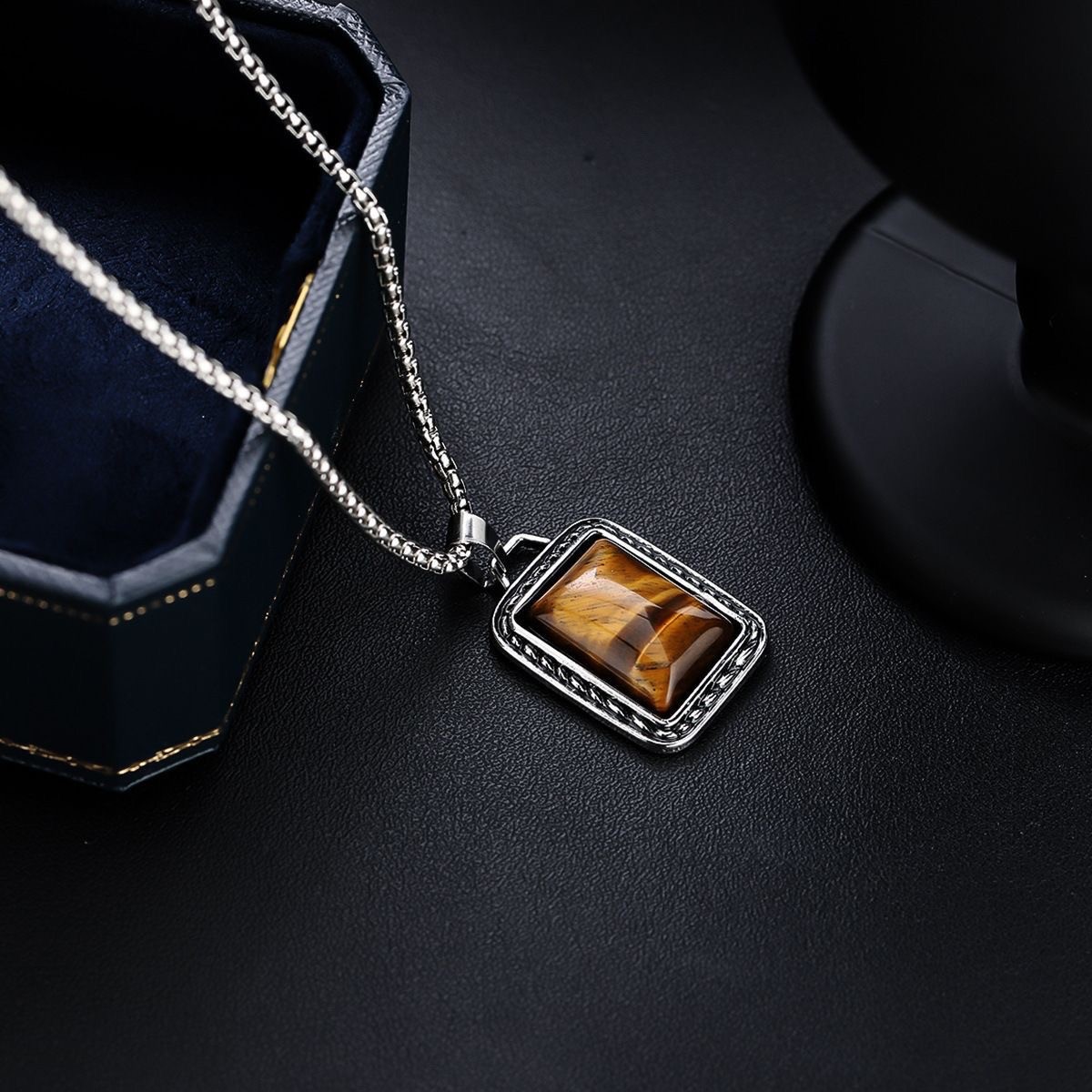 Vintage Tiger Eye Pendant Rolo Chain Necklace Stainless Unisex Men Neck Jewelry