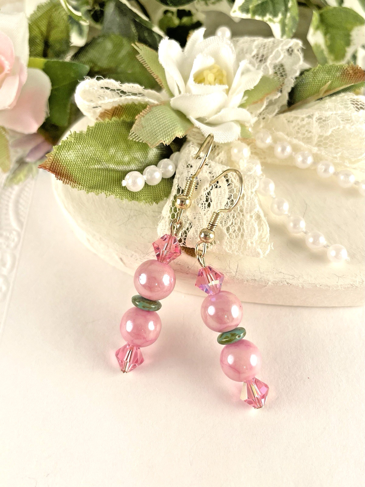 Green & Pink Crystal Gold Dangle Drop Earrings Handmade Artisan Fashion Jewelry