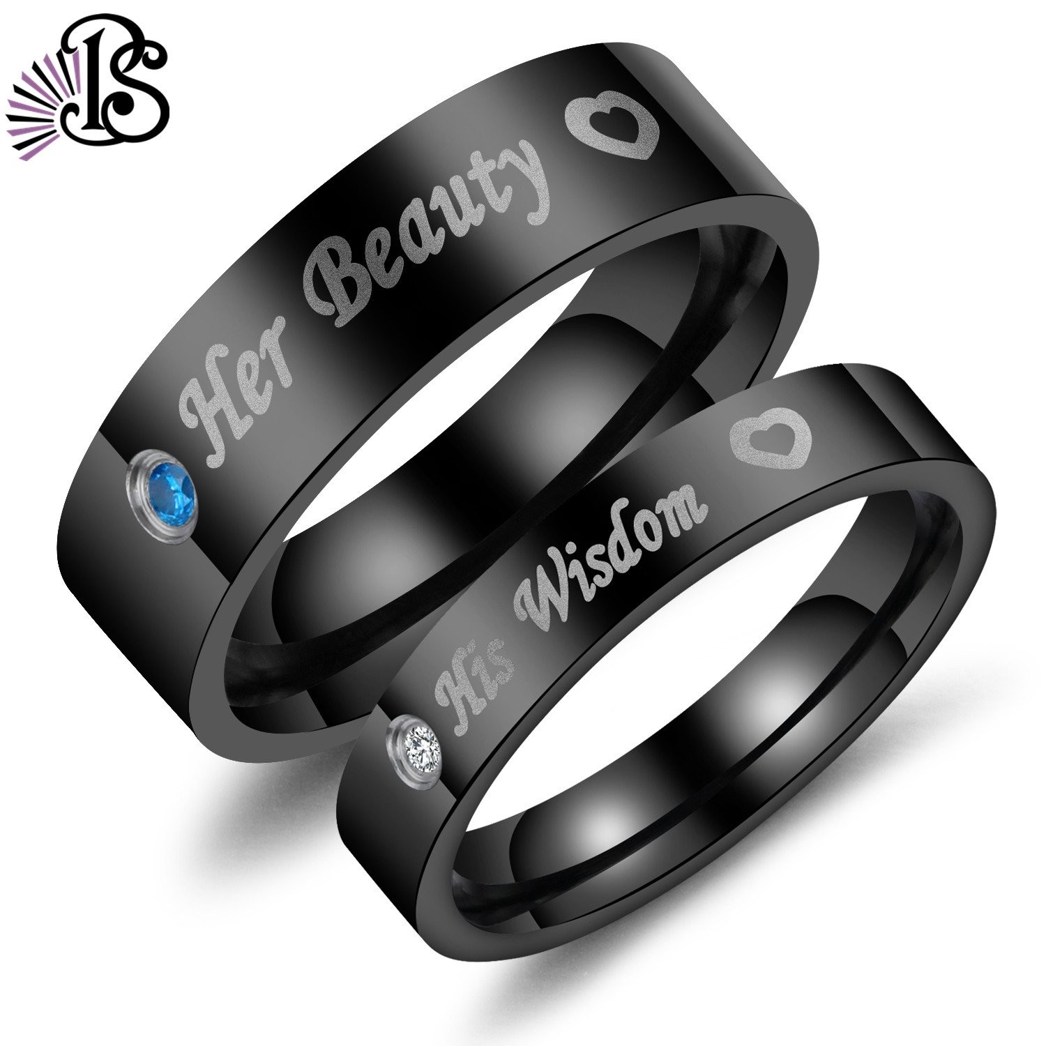 2pcs Matching His Beauty Her Wisdom Stainless Steel CZ Wedding Couple Ring Set