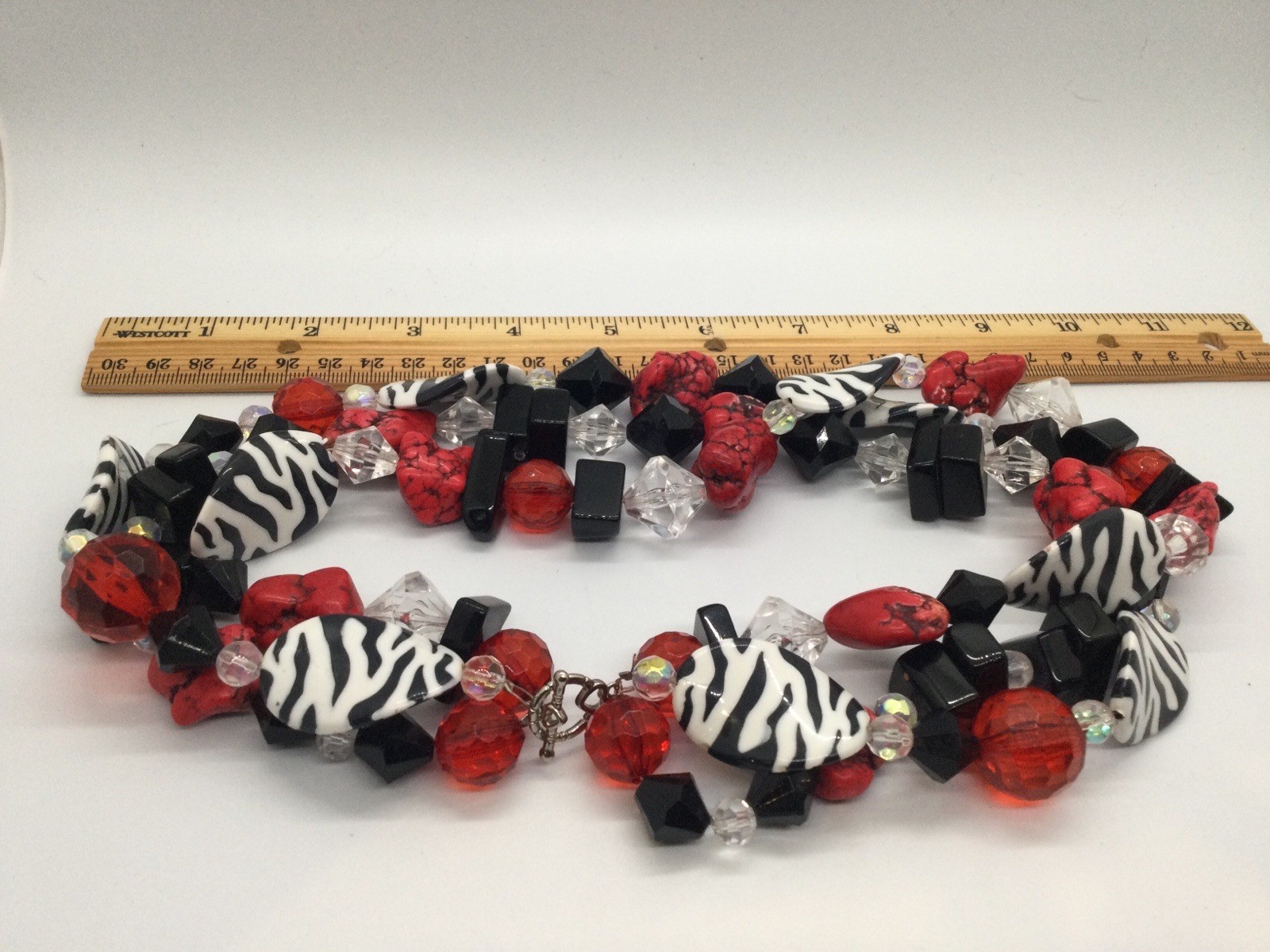 Chunky Zebra Beads And Red Dyed Howlite 3 Strand Necklace