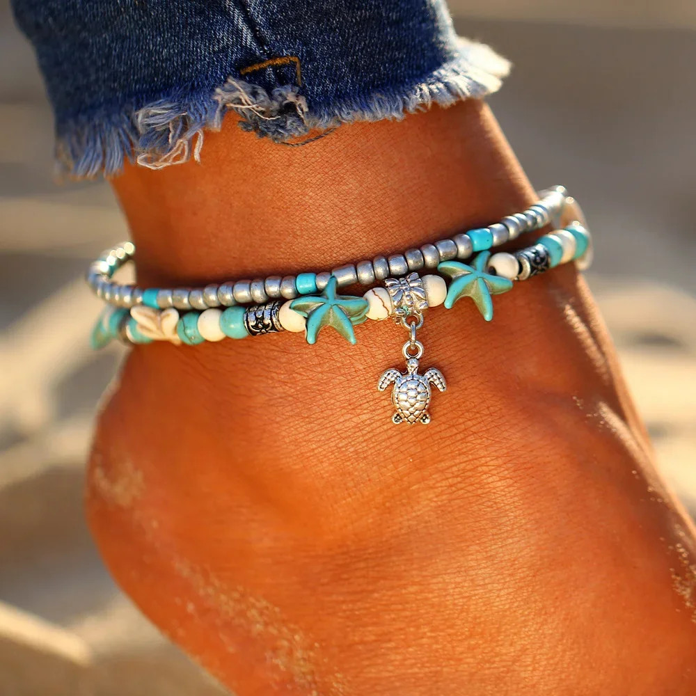 Summer Beach Boho Double Heart Anklets for Women Fashion Shell Starfish Ankle Br
