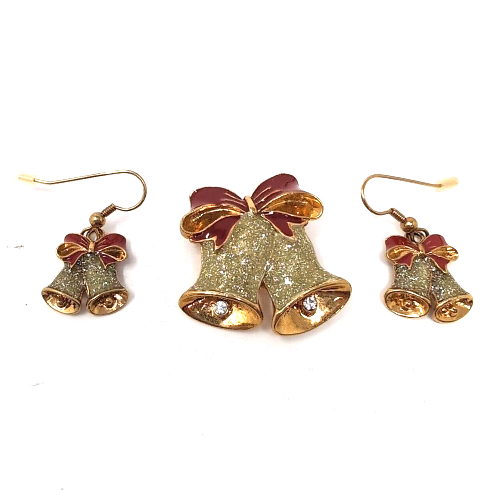 VTG Avon Jewelry Christmas Bells Bow Pin Pierced Earrings Set Enamel Gold Tone
