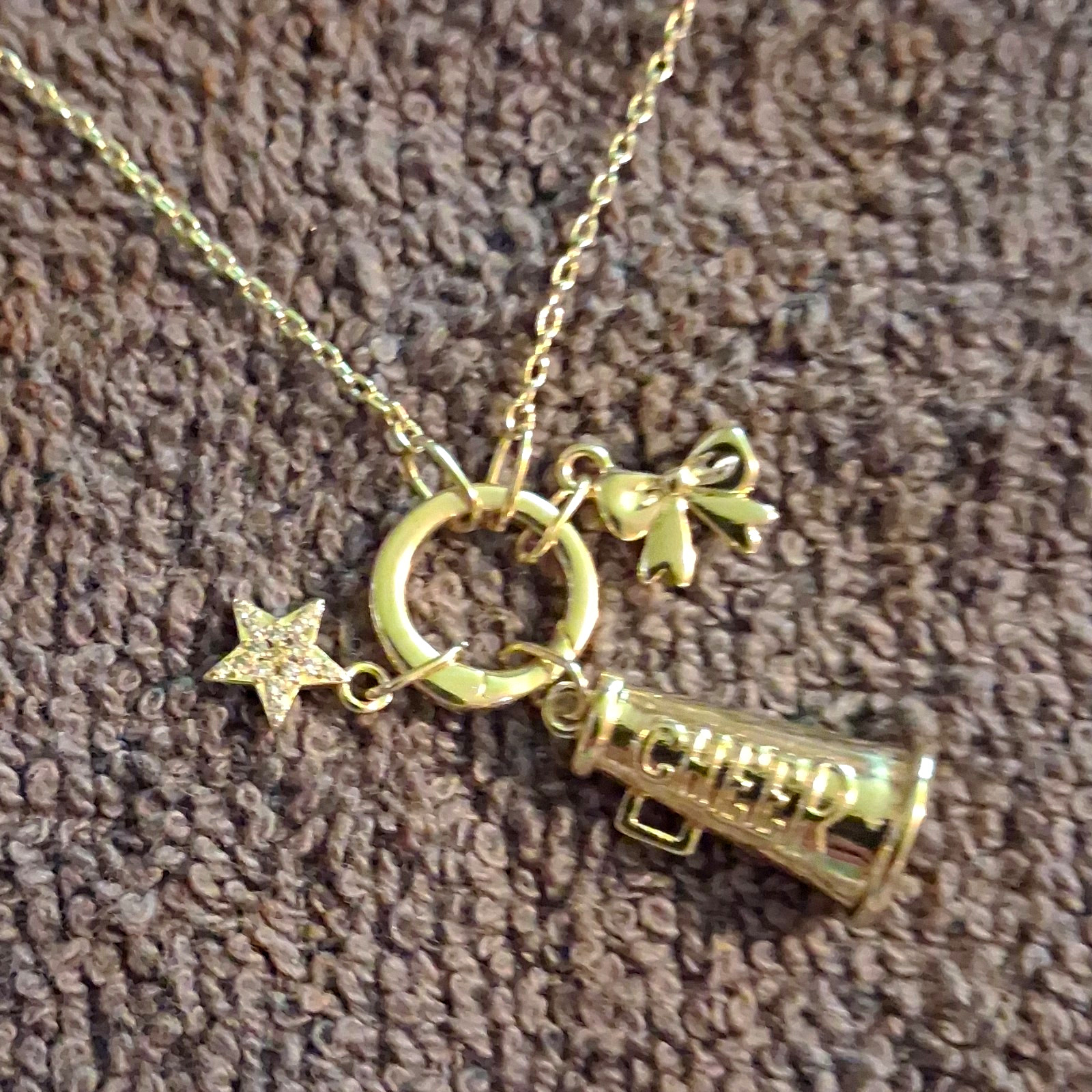 CN Signed Gold Tone Metal Cable Chain Charm Necklace Star Bow Megaphone