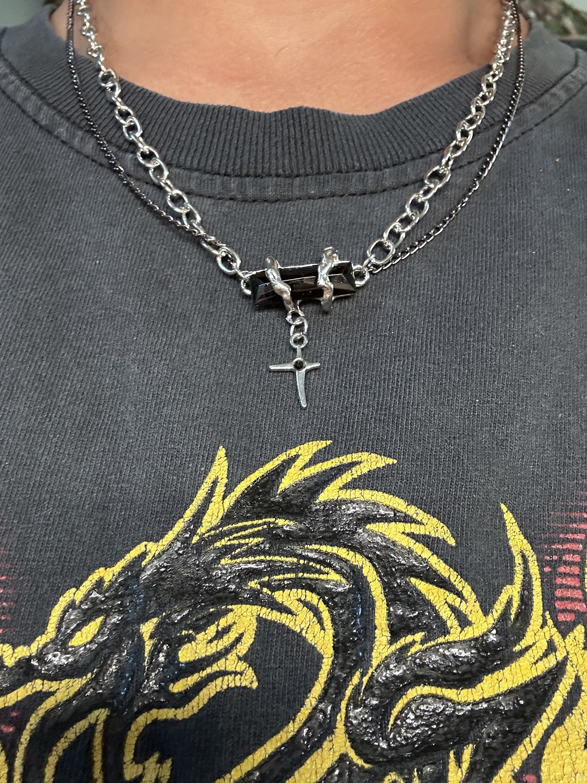 Silver Tone Double Chain Necklace with Black Stone and Cross