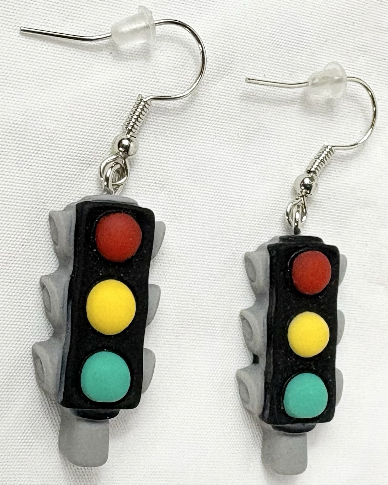 Hook Drop Dangle Silver Tone Earrings Gray Stoplights Traffic City Street Signs