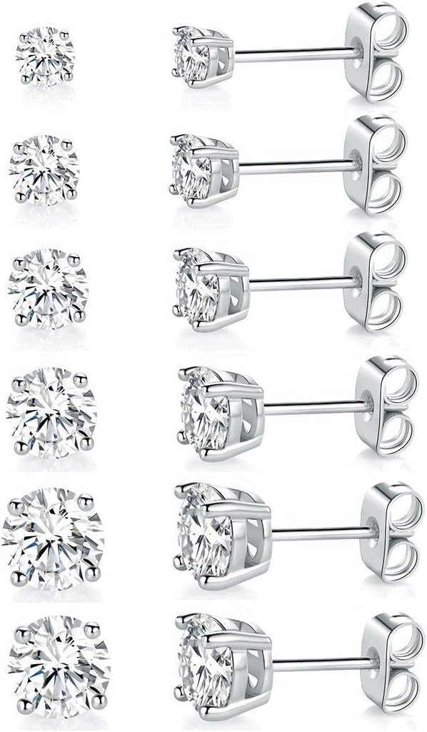 18K White Gold Plated 4 Pong Round Clear Cubic Zirconia Stud Earring Pack of 6 P