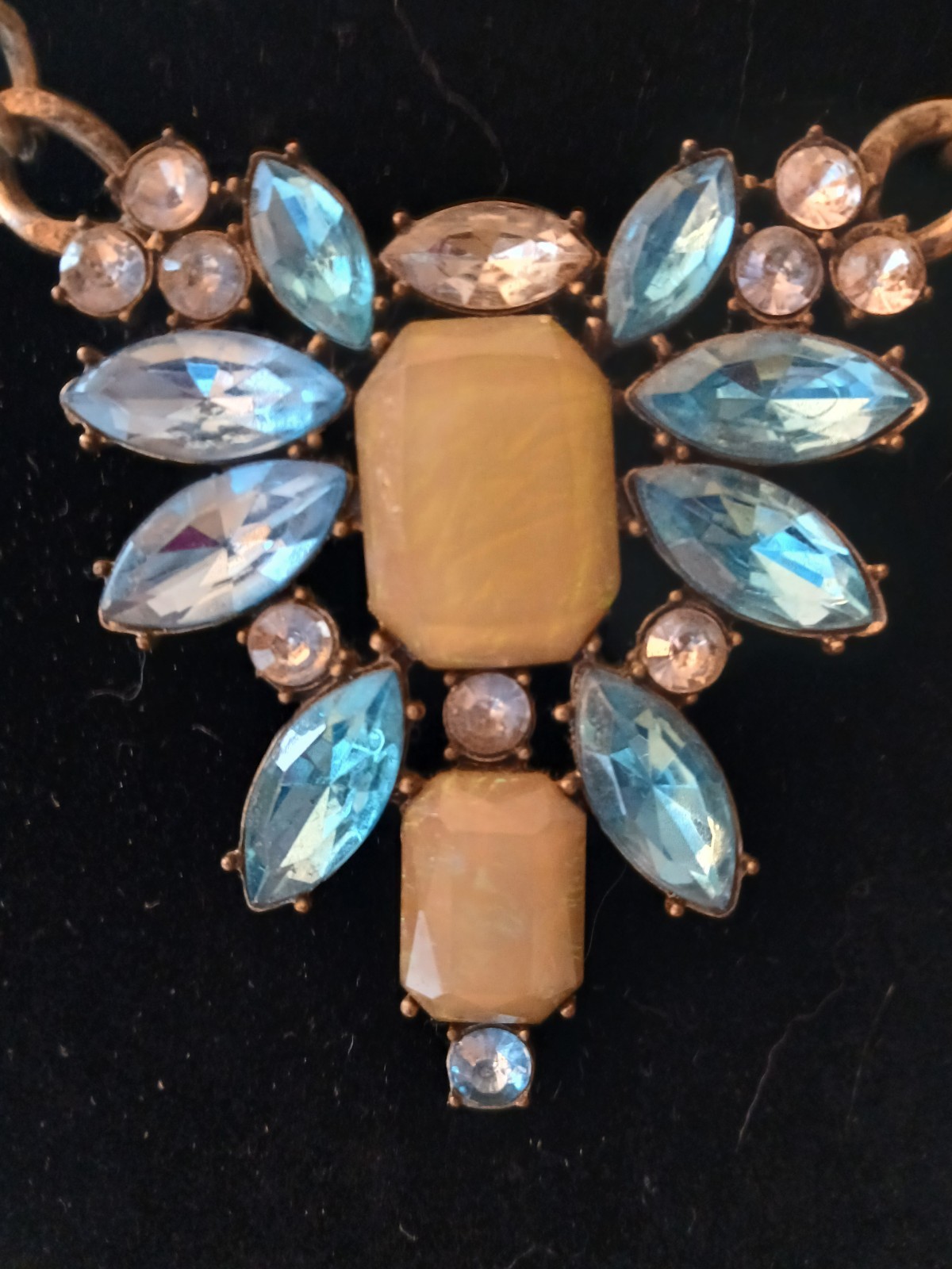 Vintage Blue, Yellow, & Clear Chunky Gold Tone Bauble-bar Statement Necklace