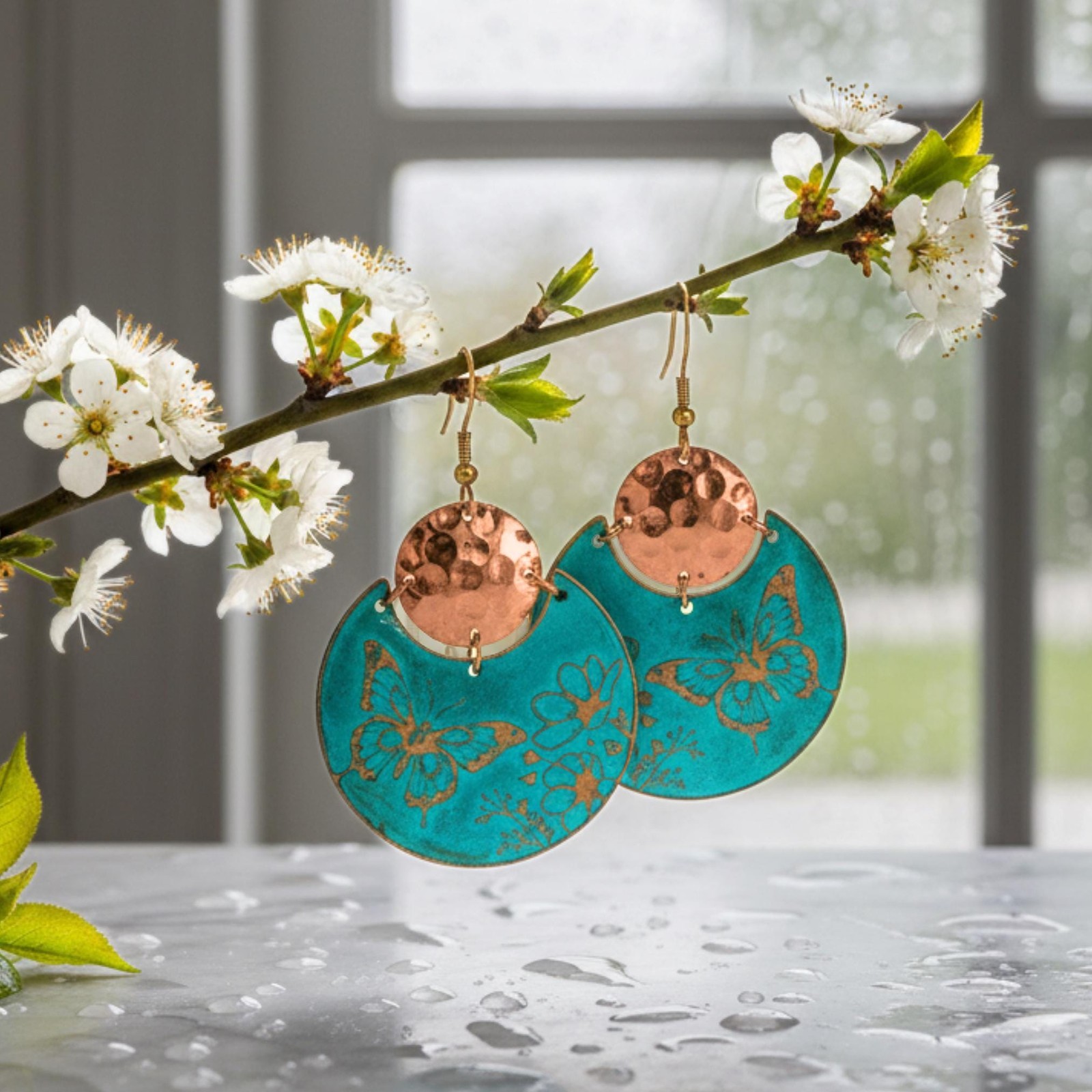 Copper Butterfly Earrings Flora And Fauna Verdigris Patina Dangle Style