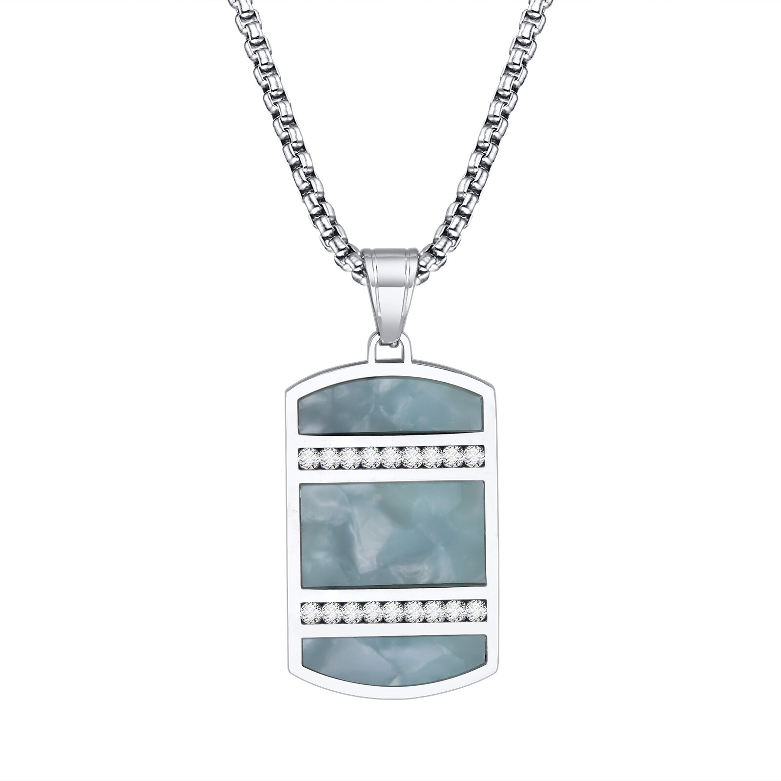 Mens Necklaces Bling CZ Stone Inlay, Chinese Tradition Cyan Stone Square Dog Tag