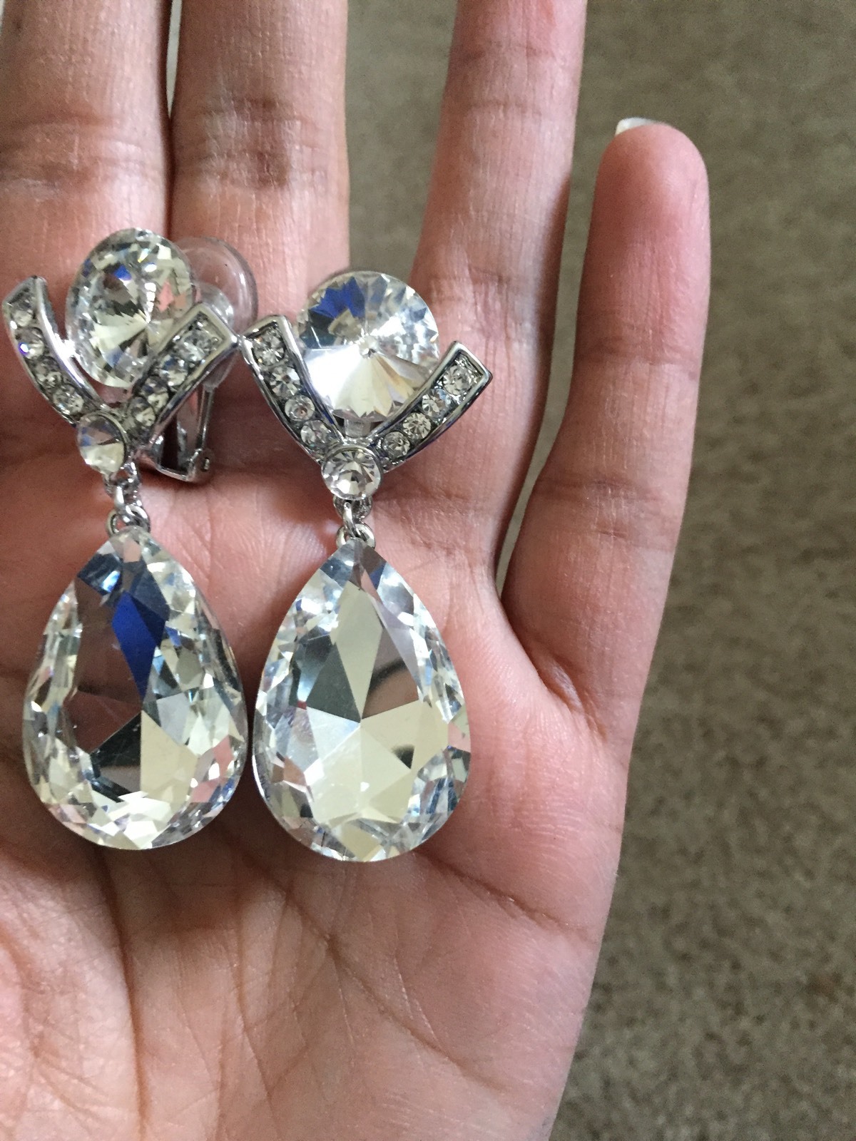 2.25″ Long CLIP ON Rhinestone Crystal Clear Silver White Wedding Dangle Earrings