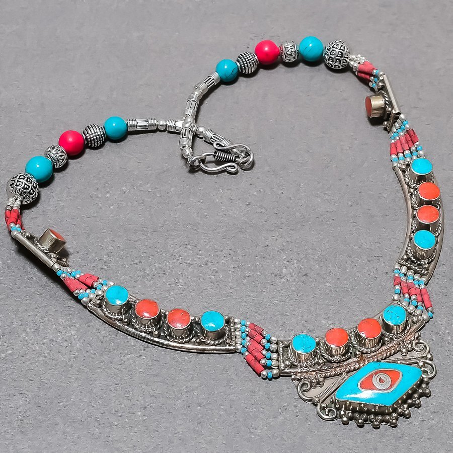 Red Coral Turquoise Necklace Handmade Tibetan Bahamas Nepali Jewelry 18″ NN 6769