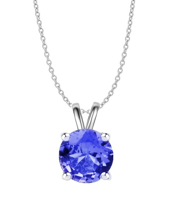 14K White Gold Plated Round Solitaire Tanzanite Cubic Zirconia Pendant Necklace