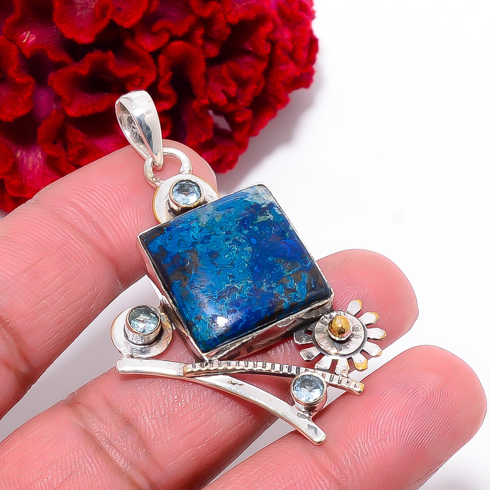Azurite – Bisbee Mines & Aquamarine 925 Sterling Silver Pendant 2.26″ P7156